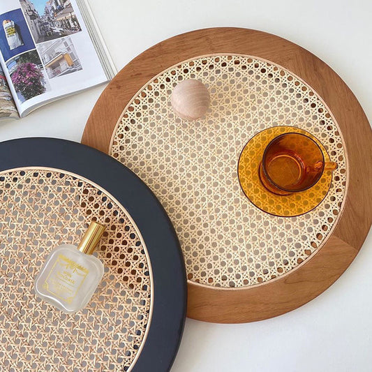 Round Rattan Wooden Tray
